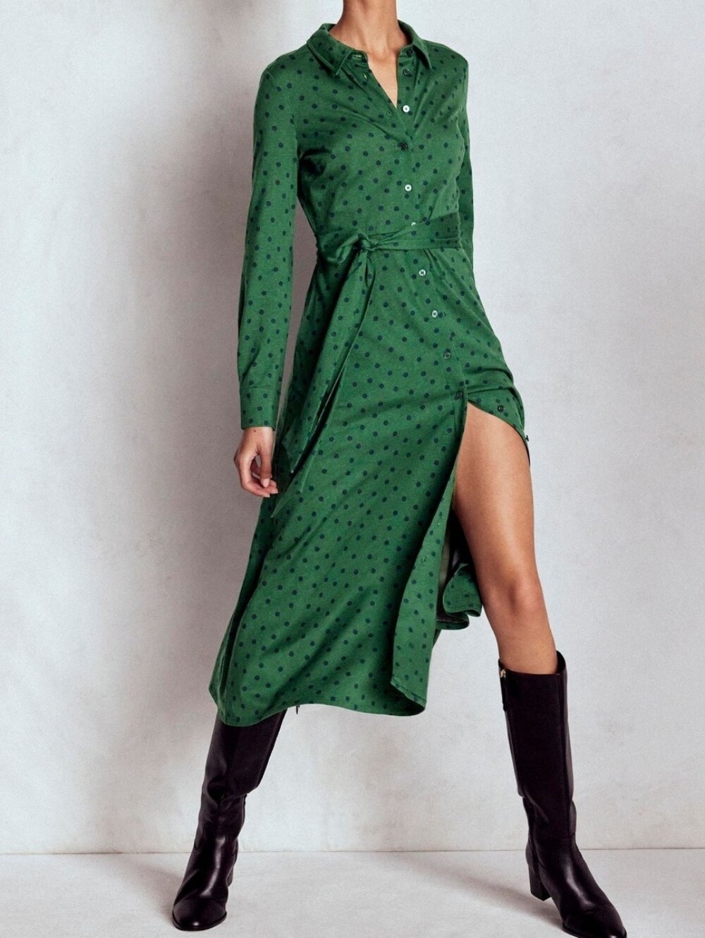 Boden Marcia Jersey Shirt Dress Green Polka Dot Long Sleeve Midi Button Front